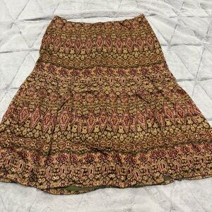 Marshall Fields Women’s Silk Patterned Mid Length Skirt Sz 14 Green Gold Lined